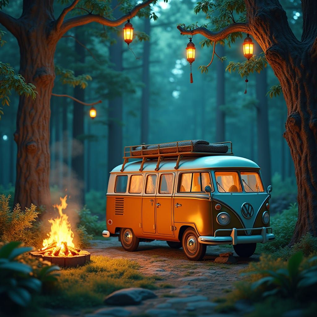 Vintage Camper Van in Whimsical Forest Wonderland