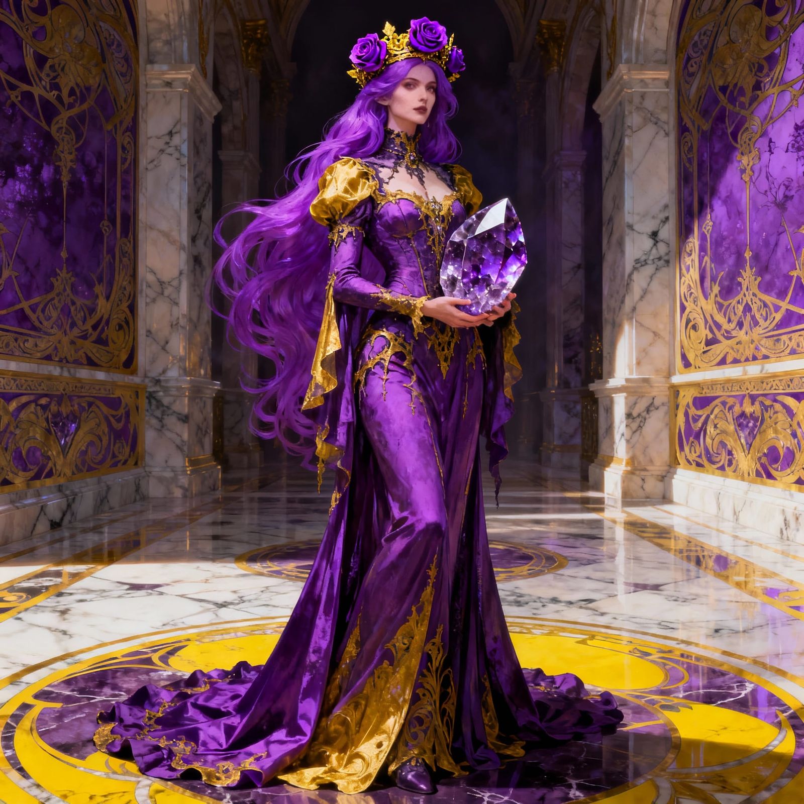 Gothic Violet Woman with Amethyst in Marble Hall