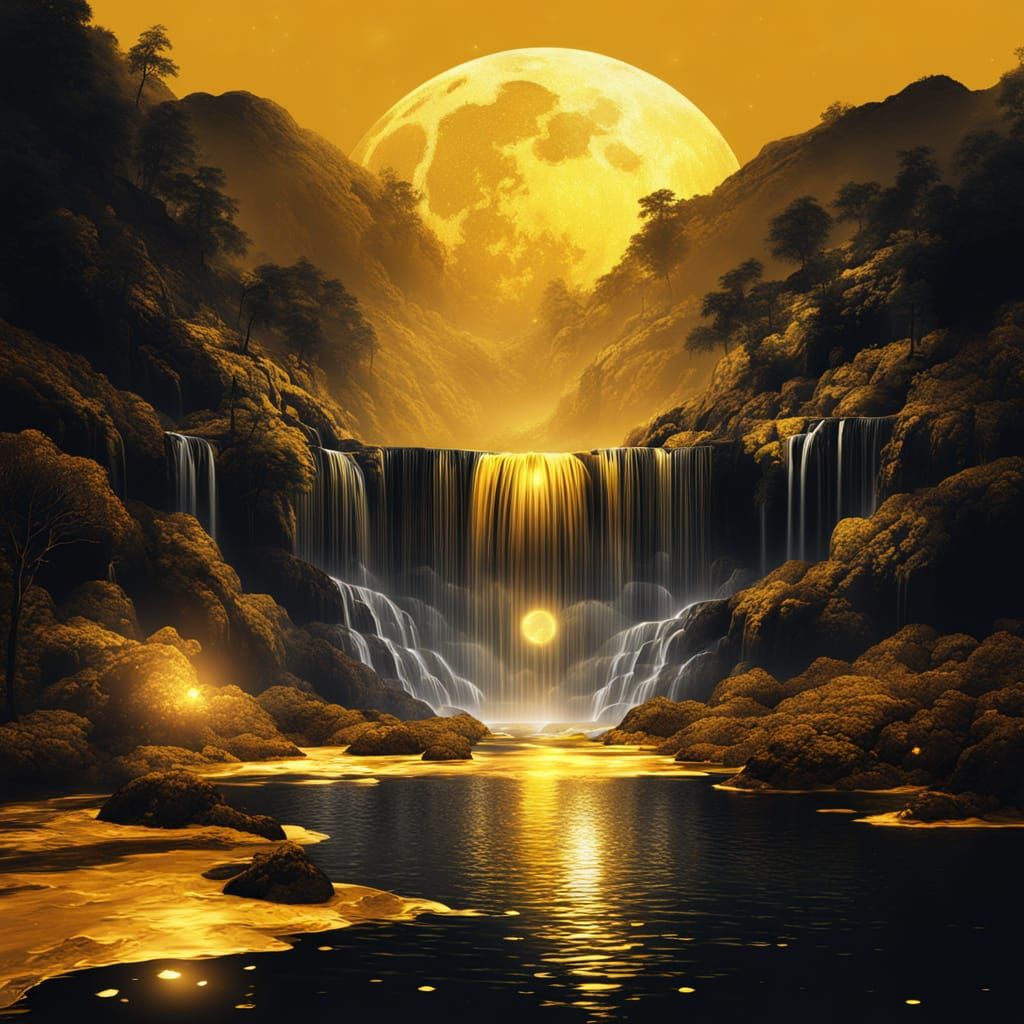 Glowing Golden Waterfall Fantasy Art on Black