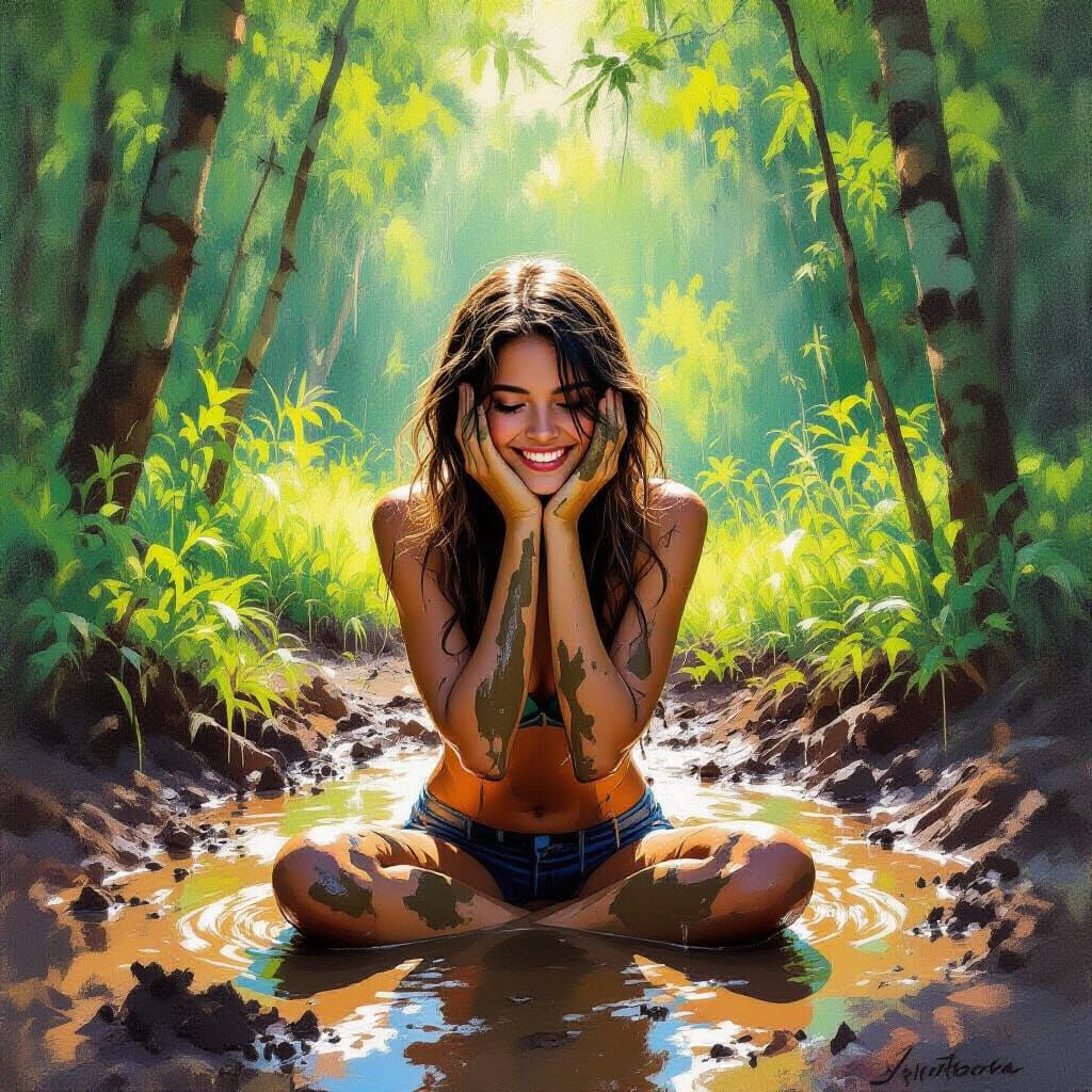 Joyful Girl Covered in Mud in Sunlit Forest