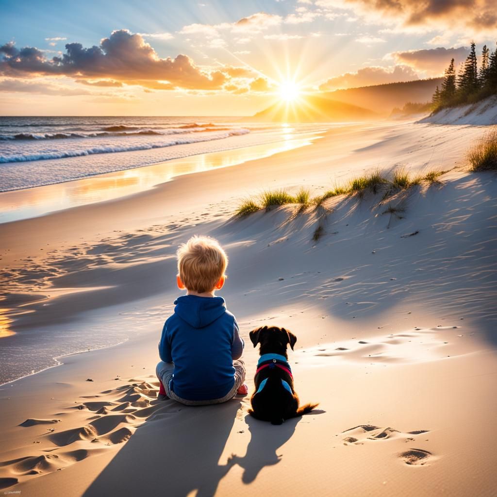 Toddler and Dog Watch Beach Sunset