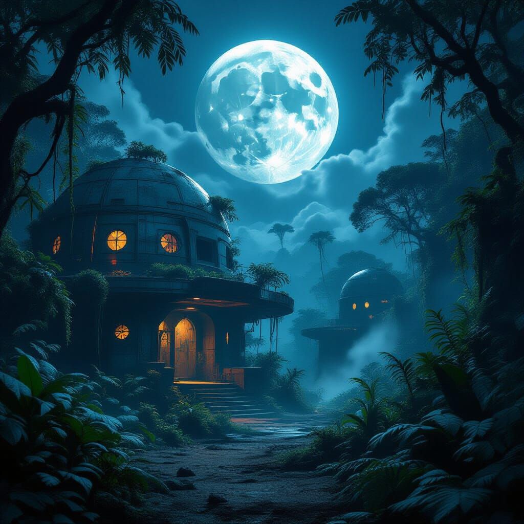 Alien Outpost in African Jungle Under Full Moon