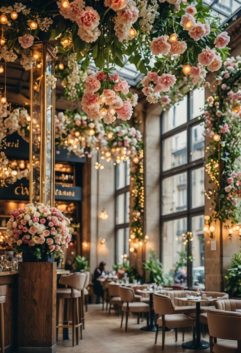 Romantic Parisian Restaurant with Floral Ceiling