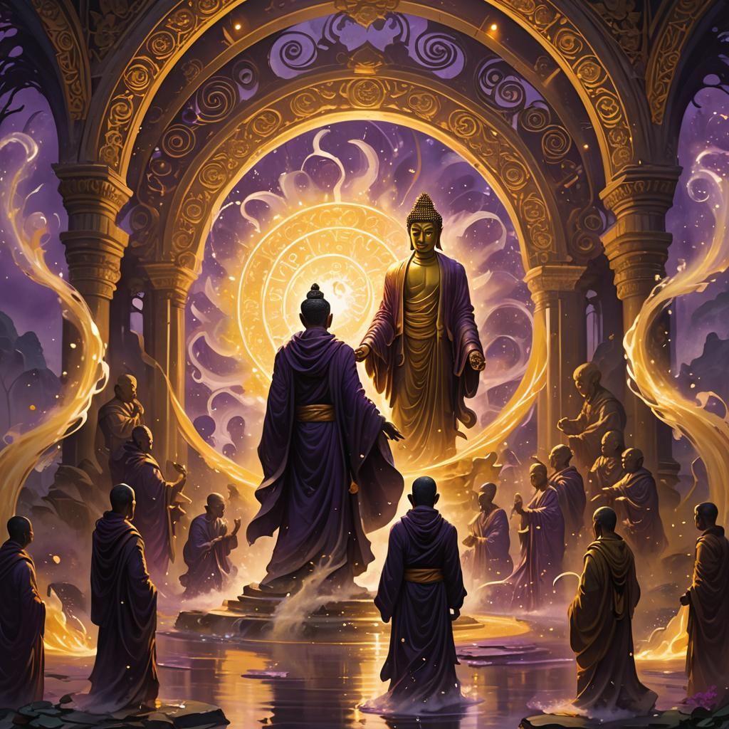 Buddha Guides People to Nirvana in Art Nouveau Style