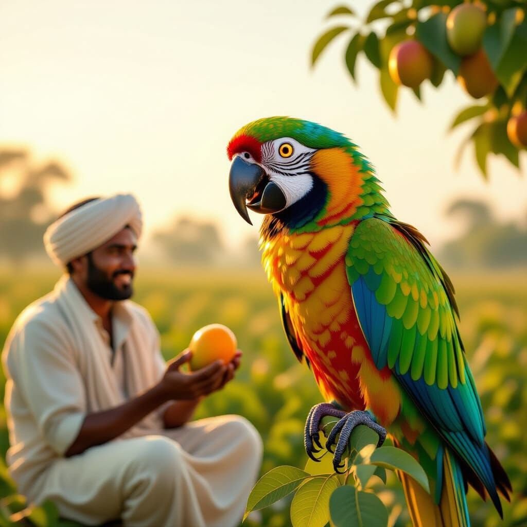 Luminous Parrot in Farmland, Syd Mead Style