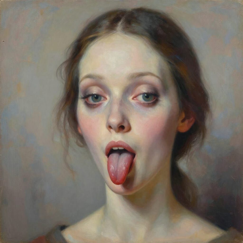 Surreal Lady With Elongated Features Sticking Out Tongue