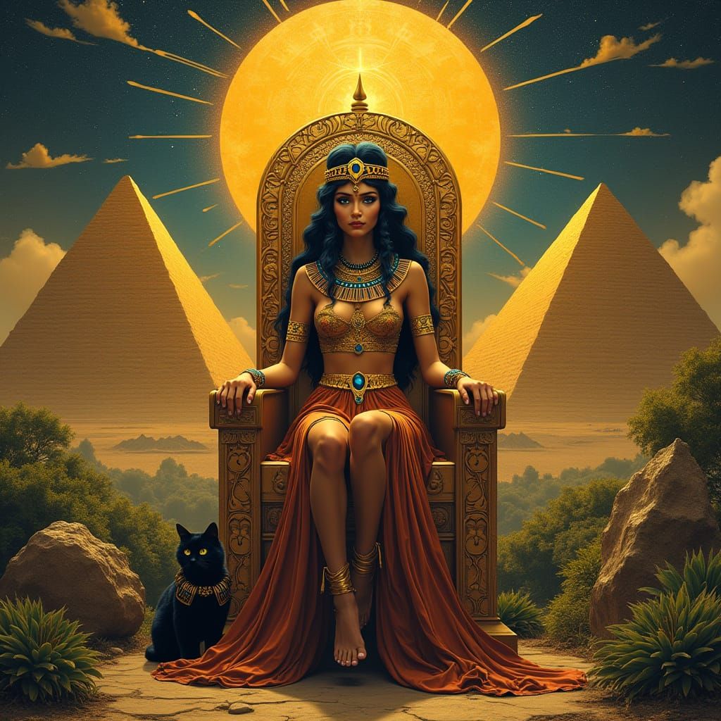 Egyptian Goddess Surrounded by Sun, Pyramids, and Majestic C...