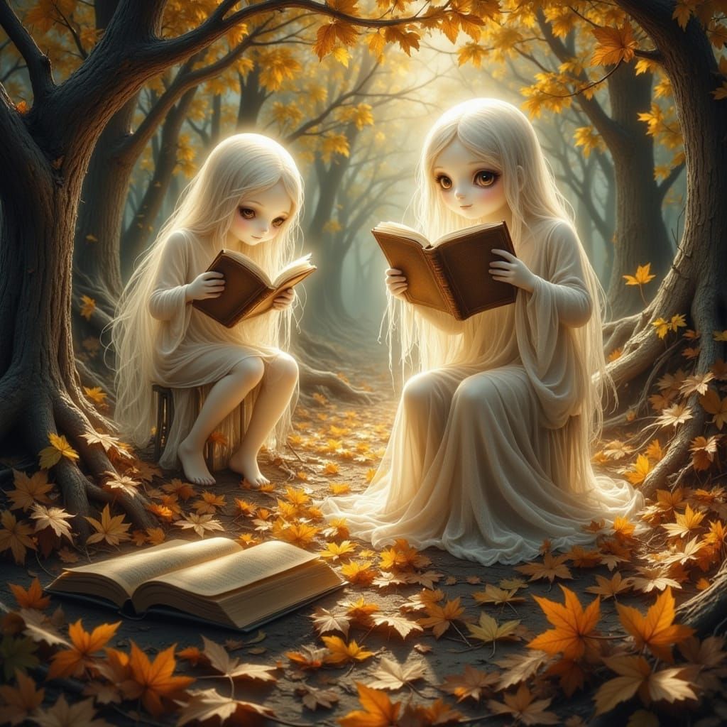 Ethereal Ghosts Reading Books in Enchanted Forest