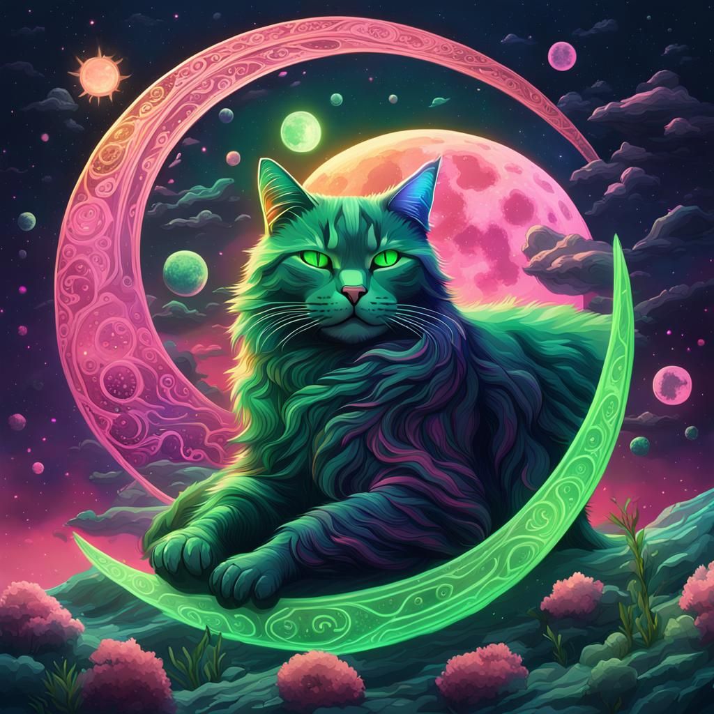 Galaxy Cat Sleeping on Vibrant Moon, Detailed Matte Painting
