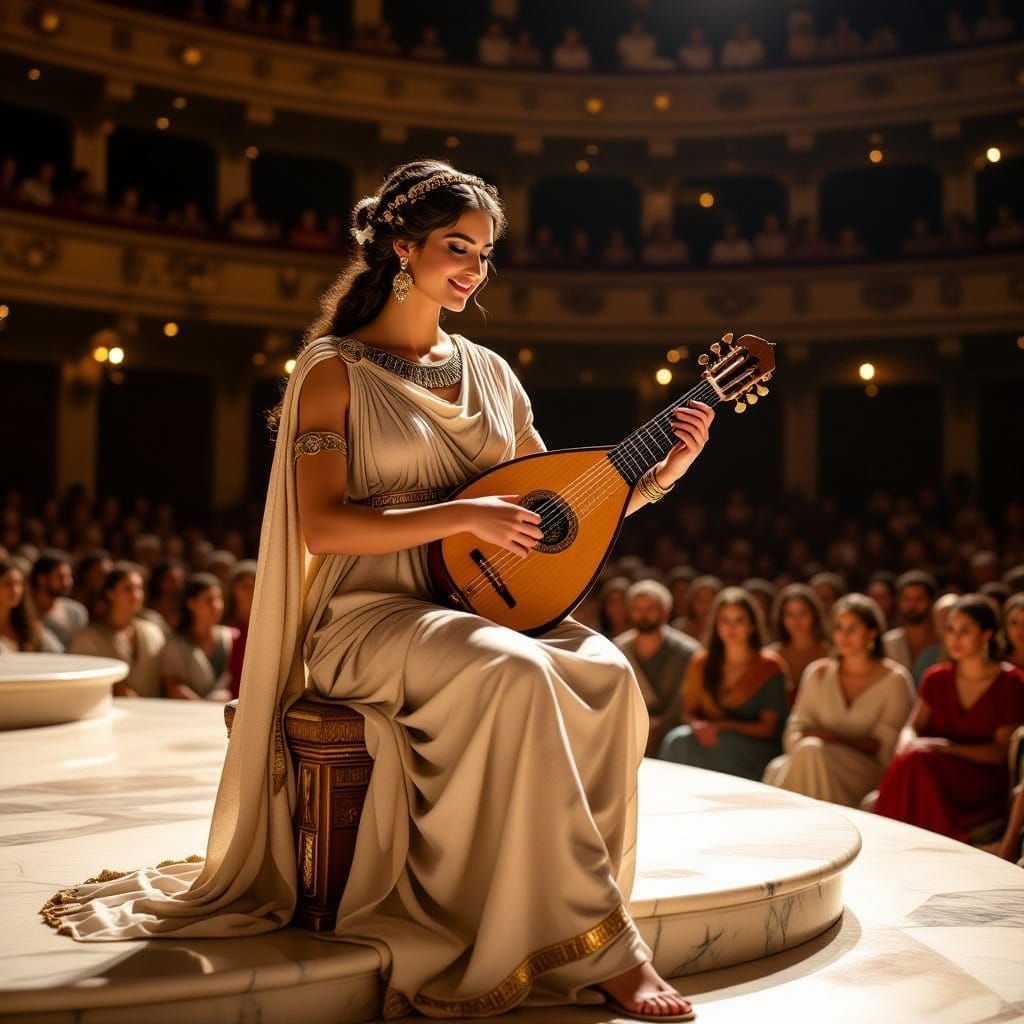 Ancient Greek Woman Plays Lyre in Outdoor Theater