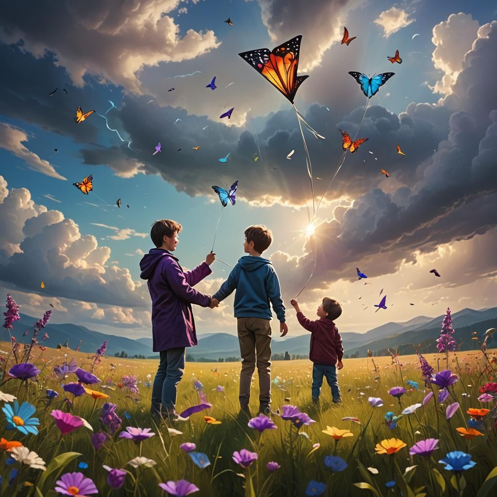Father and Son Launch Kite in Fantasy Meadow