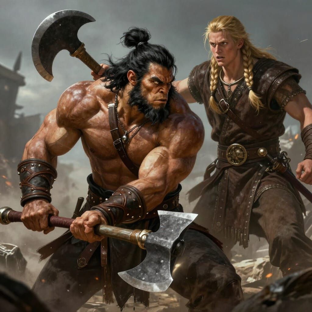 Orc Warlord Defends Man With Axe in Fantasy Art Style