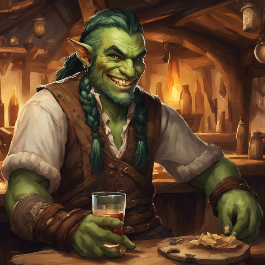 Smiling Half-Orc Innkeeper in Cozy Tavern