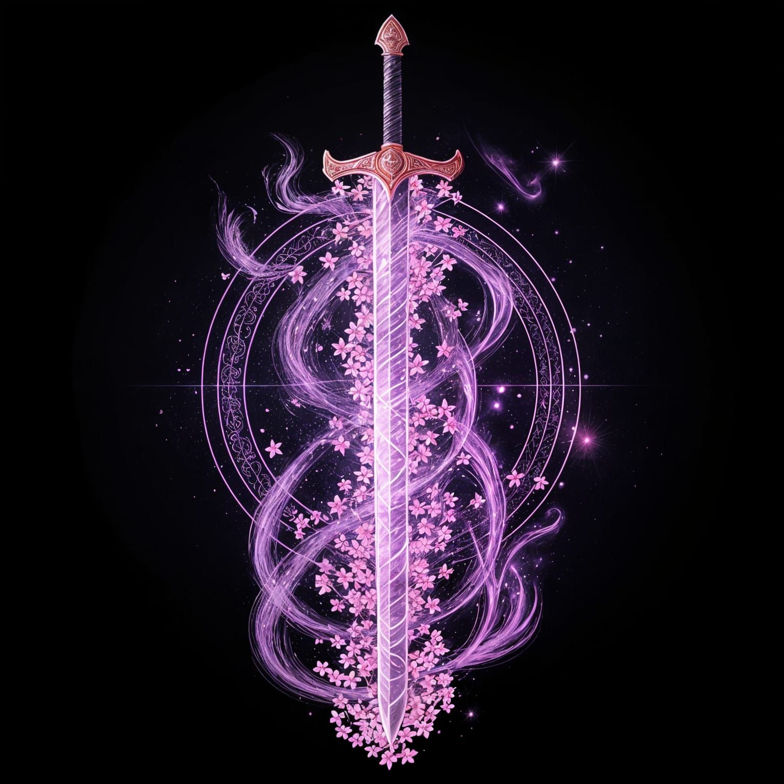 Sword Enveloped in Cherry Blossoms and Celestial Flames