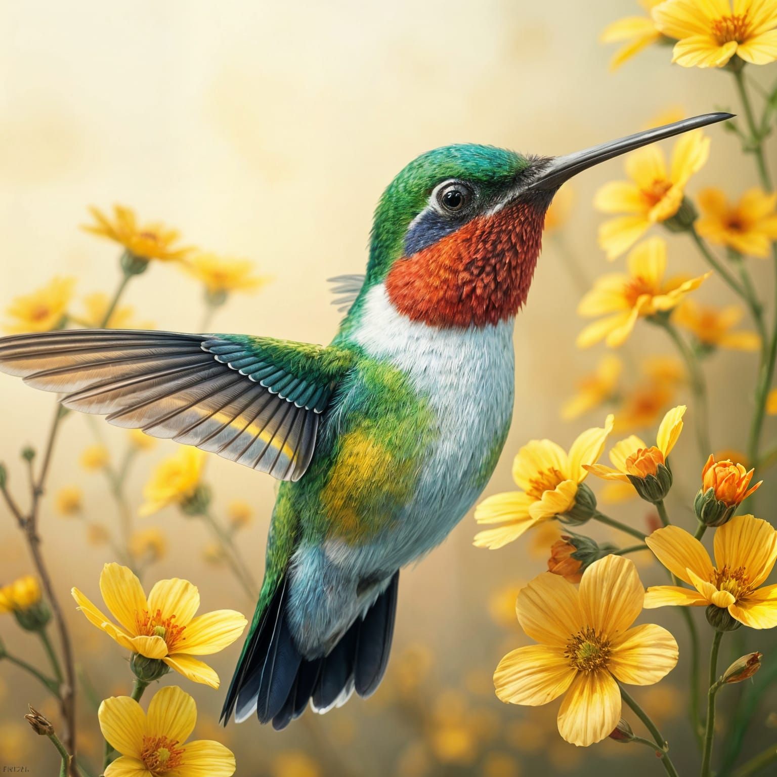 Vibrant Hummingbird Portrait in Whimsical Wonderland