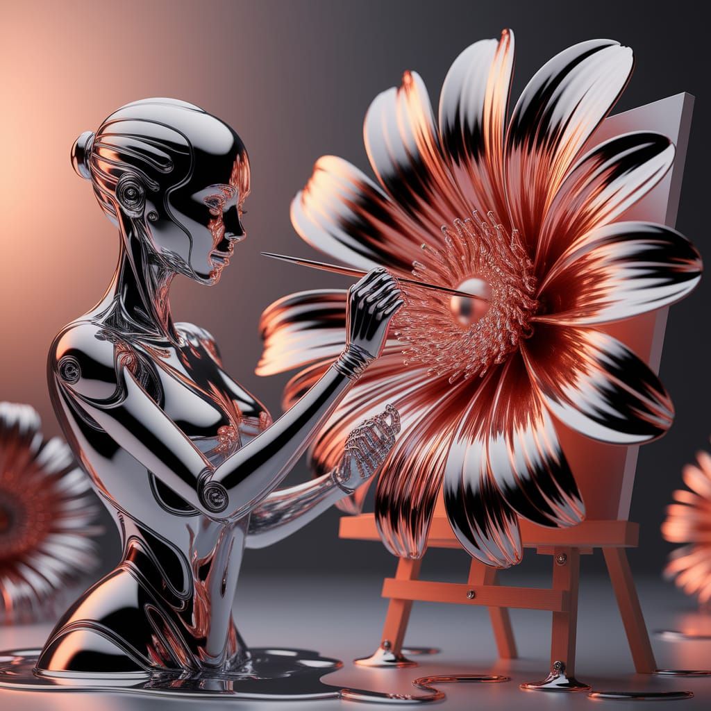 Cyborg Artist Melts into Chrome Flower Masterpiece