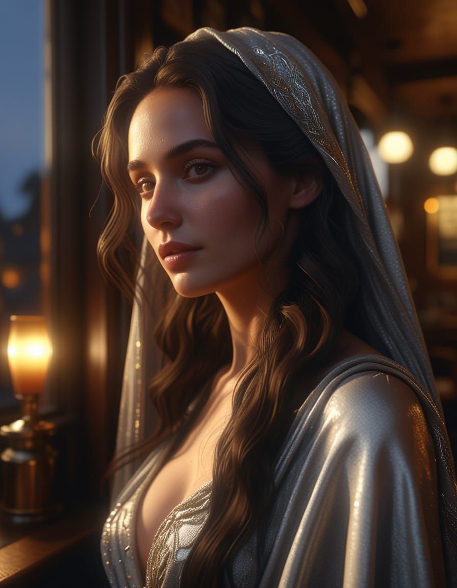 Woman in Silver Gown in Moonlit Pub Portrait