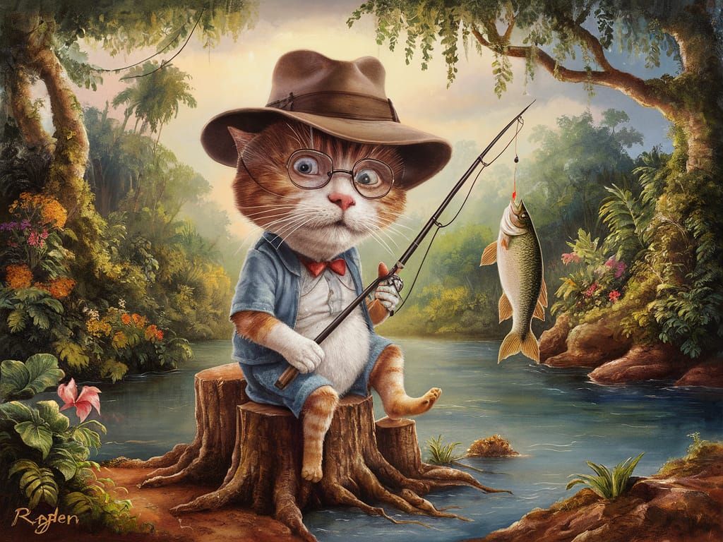 Whimsical Cat-Fisherman in Lush Jungle, Pop-Surrealism