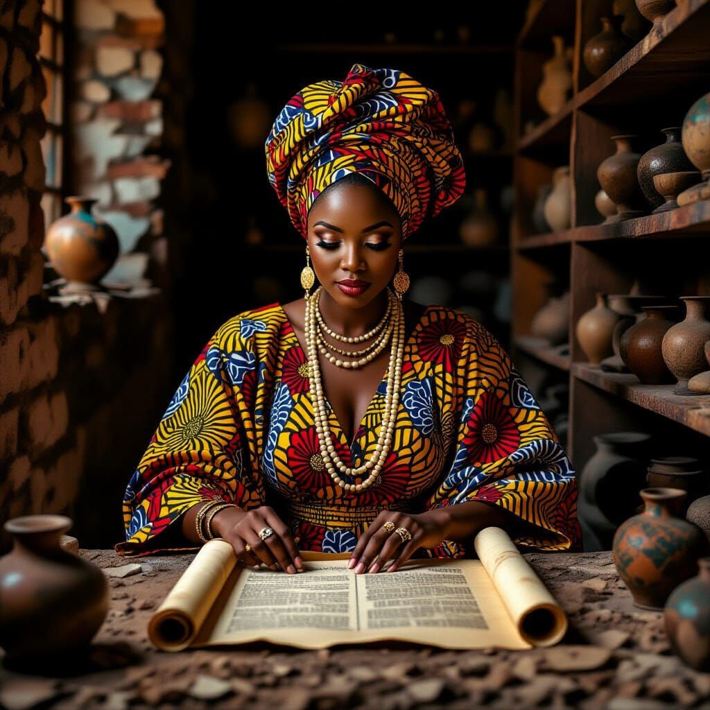 African Woman Uncovers Ancient Scroll in Vibrant Style