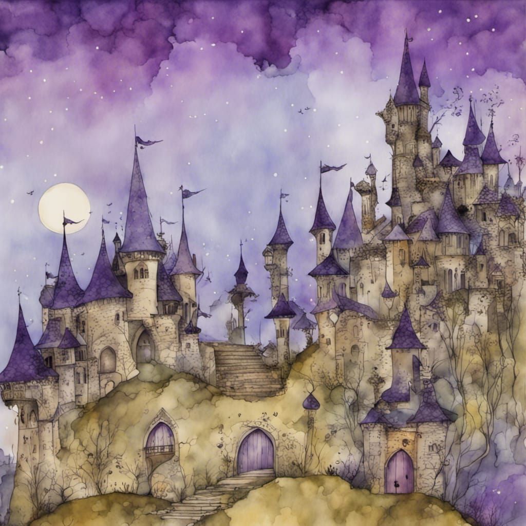 Whimsical Purple Fairy Castle Illustration