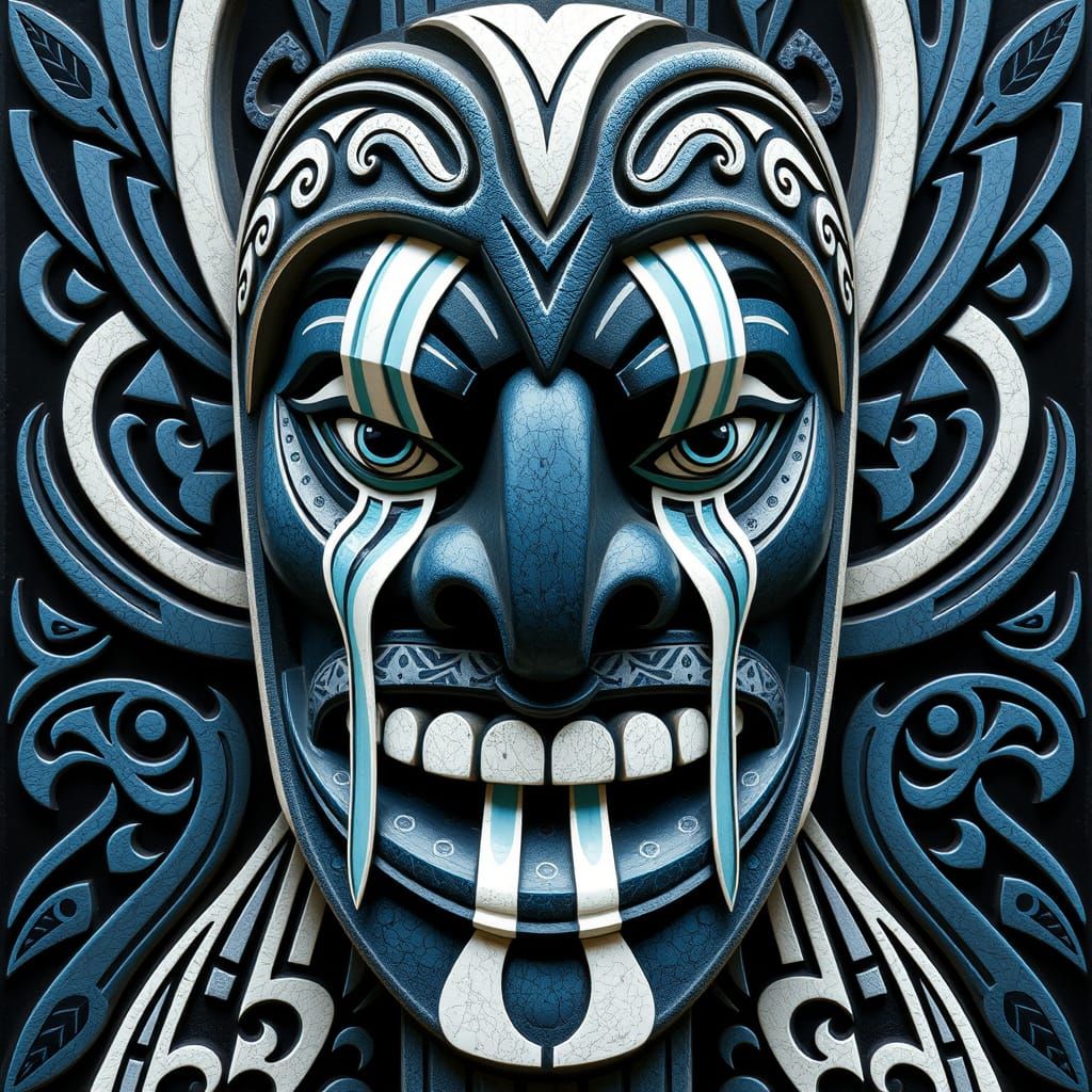 Mauri Statue Face with Waterfalls and Tribal Patterns