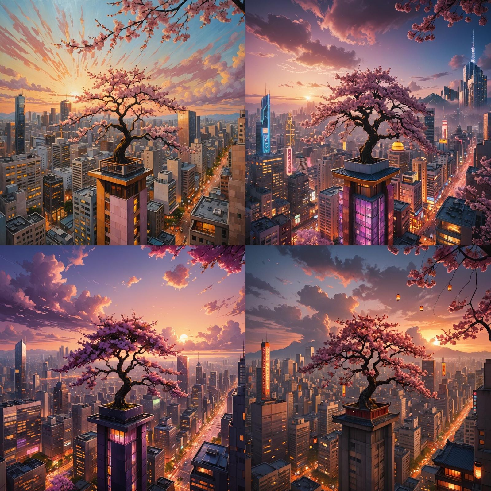 Sakura Tree Sunset: Fantastical Cityscape Art