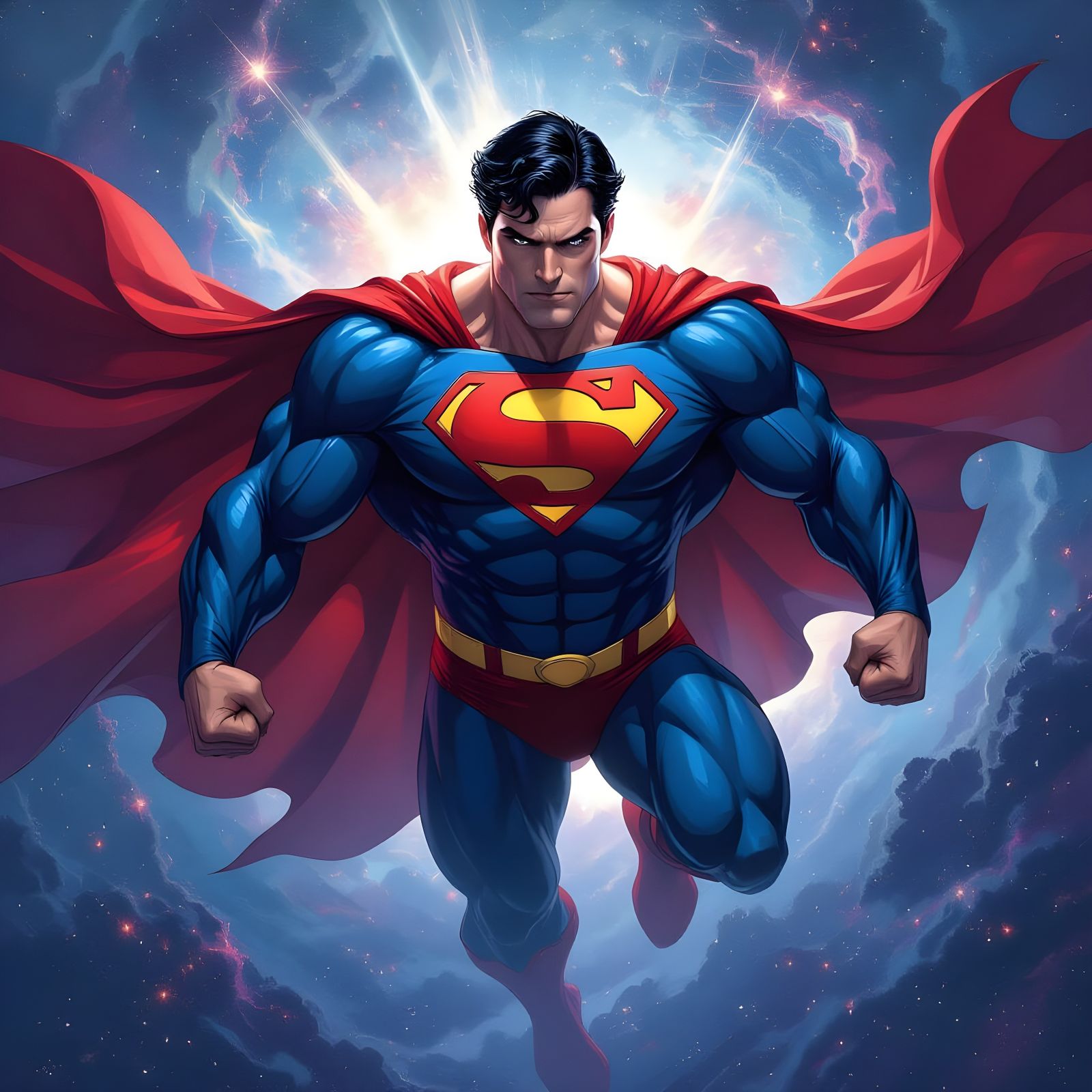 Superman in Heroic Pose Amidst Cosmic Energy