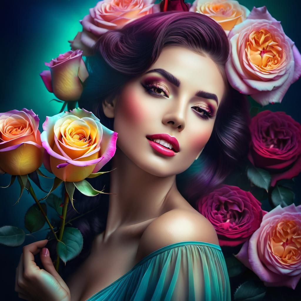Hyperrealistic Portrait of Woman with Roses