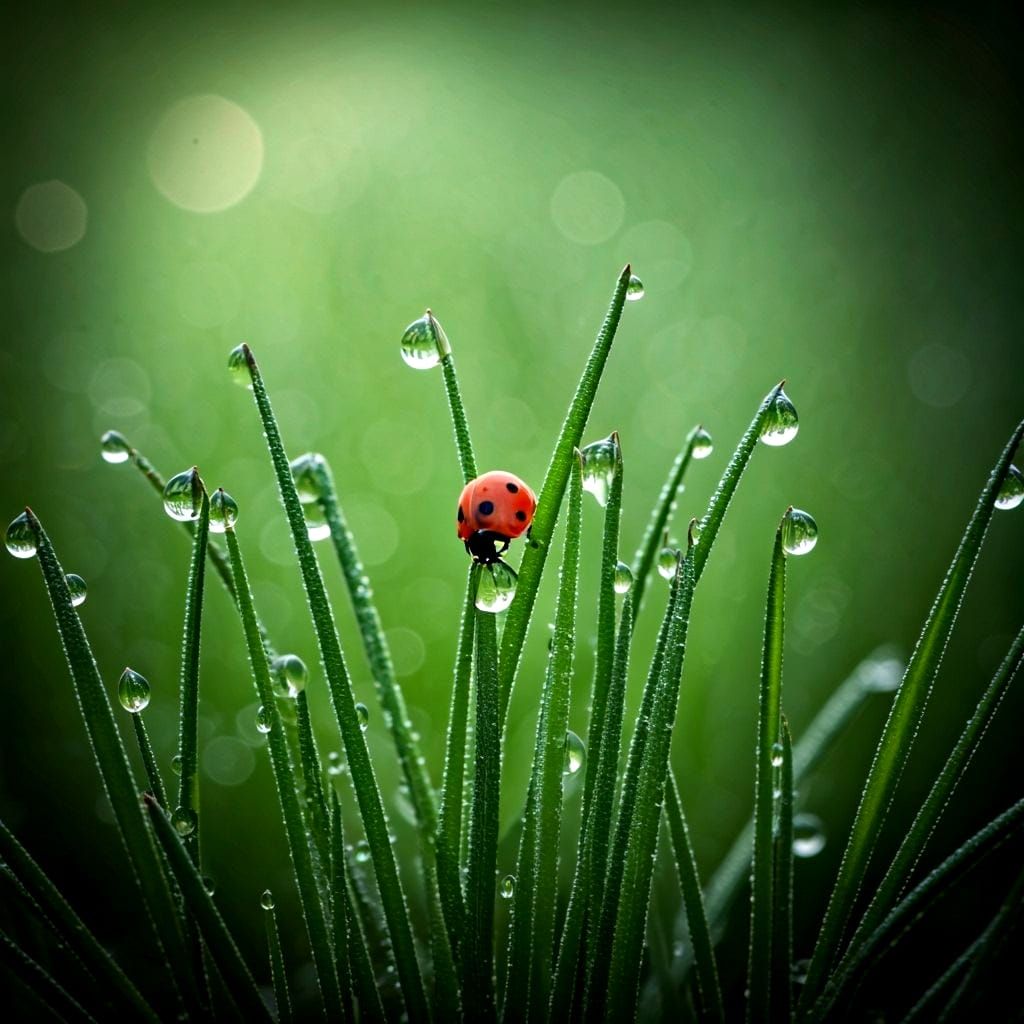 Macro Photo of Ladybug on Dewy Grass