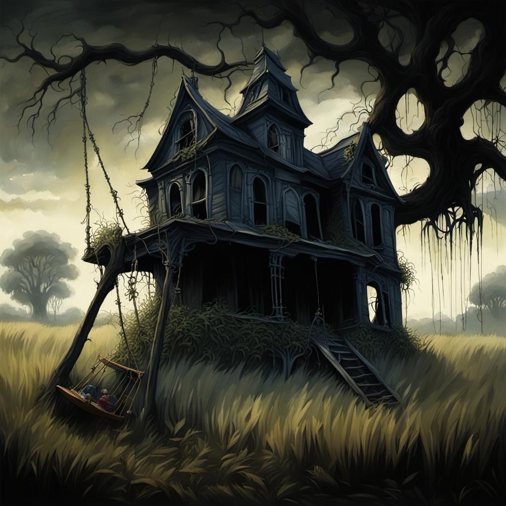 Dark Surrealist Victorian House with Eerie Shadows