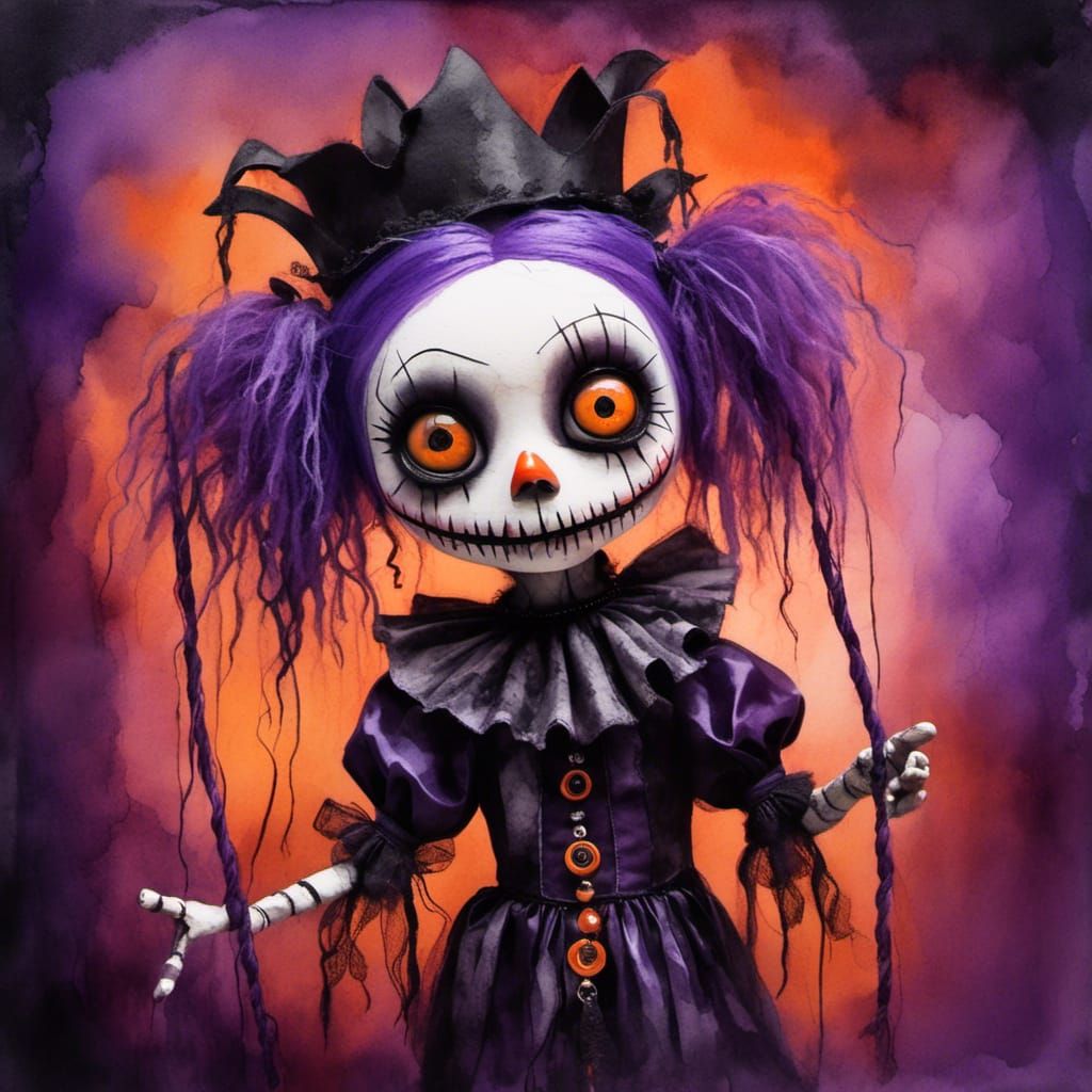 Fierce Halloween Jester Puppet in Expressionist Watercolor