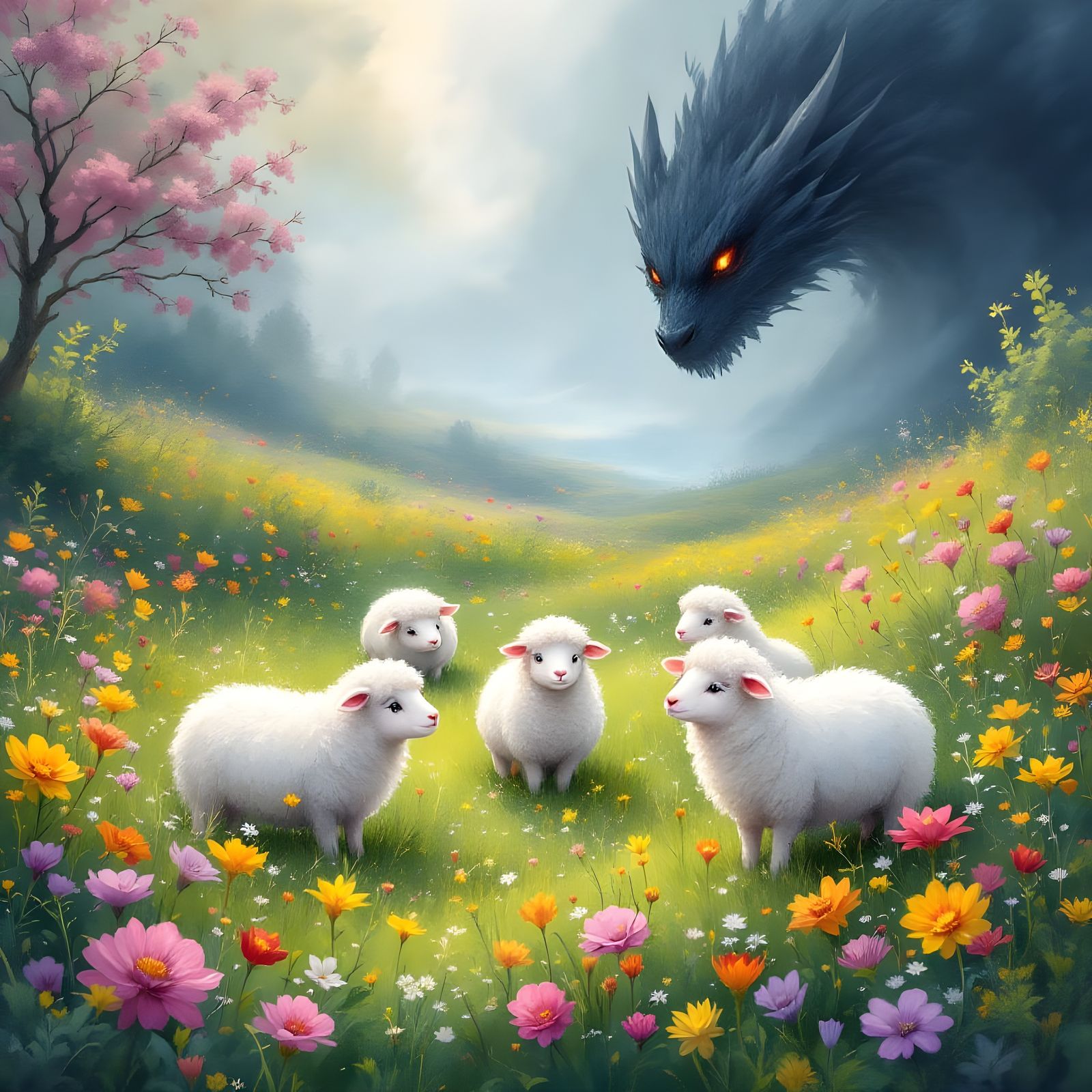 Peaceful Landscape Threatened by Dark Dragon