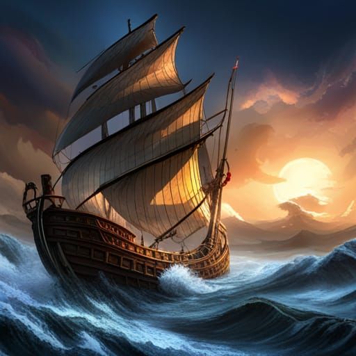 Pirate Ship on Stormy Seas: Dark Fantasy Art