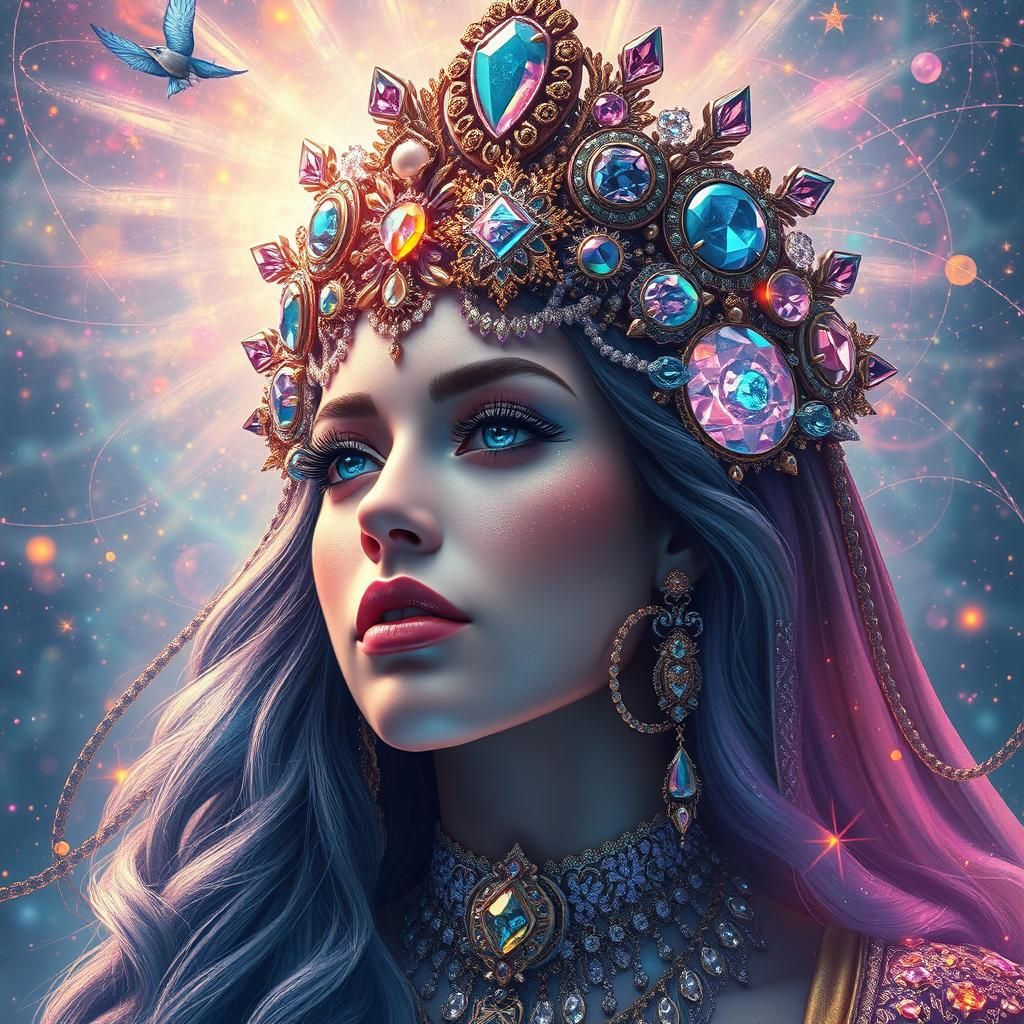 Cosmic Woman with Jewels: Holographic Astral Illustration