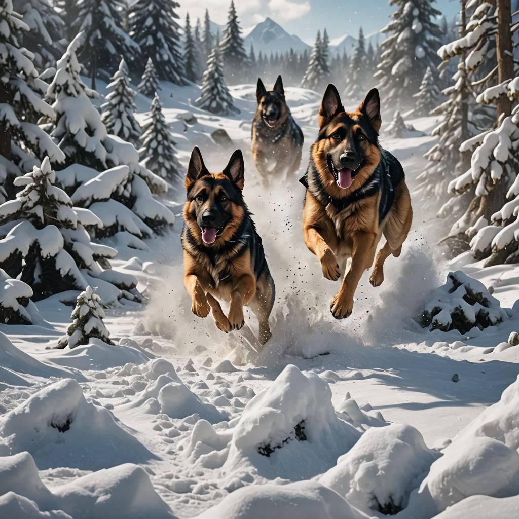 German Shepherd Runs Through Deep Snow: Fantasy Art