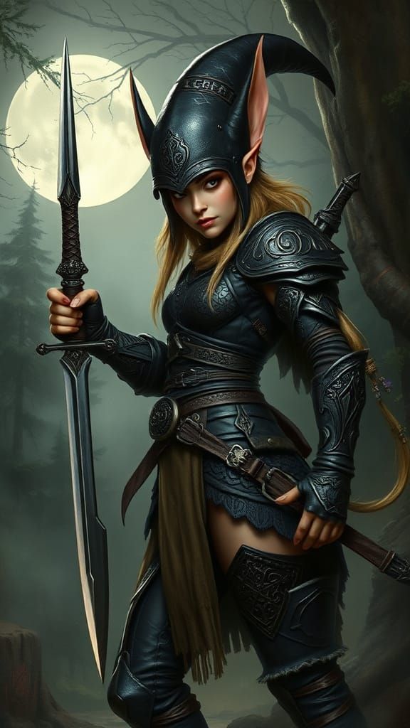 Dark Fantasy Female Gnome Warrior in Moonlit Forest