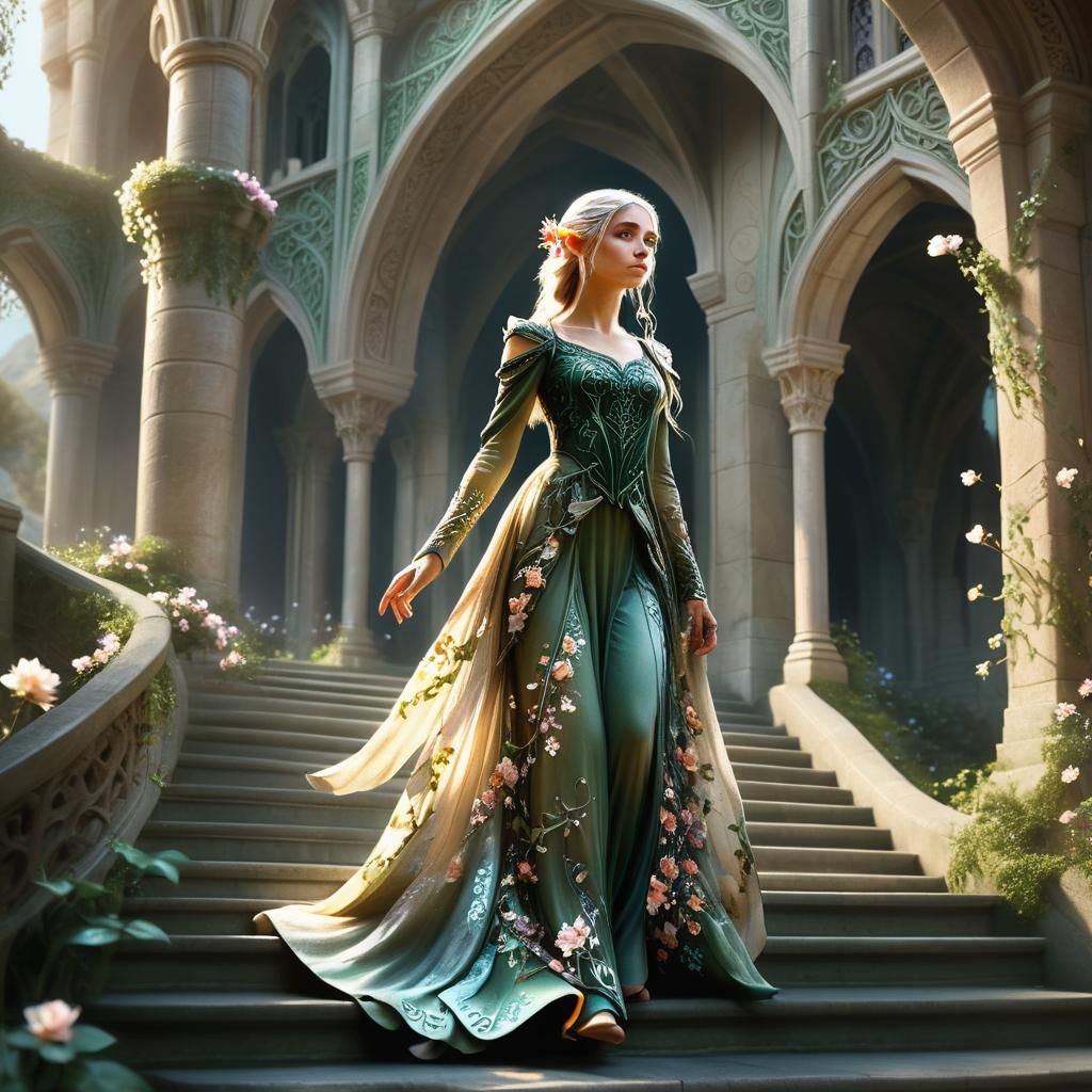 Elf Girl in Floral Gown: Fantasy Art Nouveau