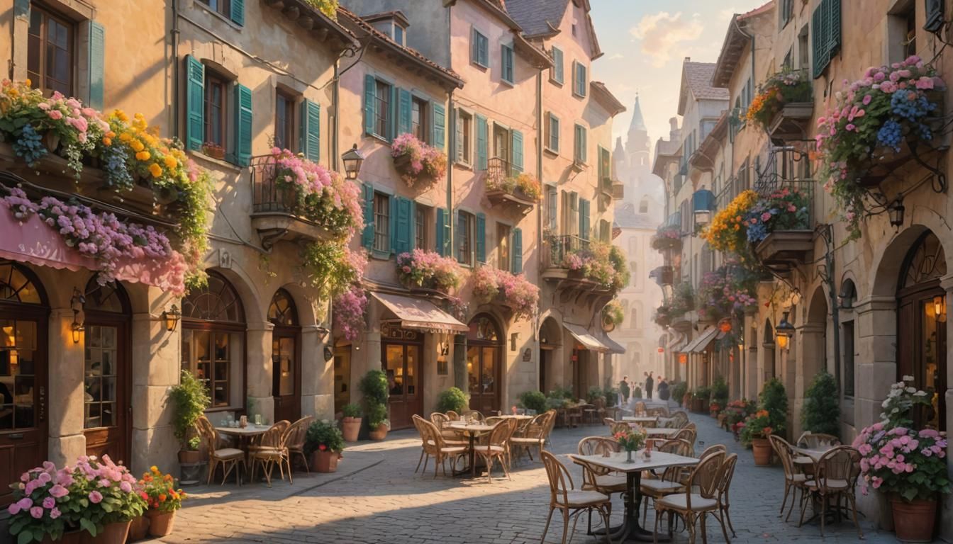 Charming Cafe in Sun-Drenched Town Square
