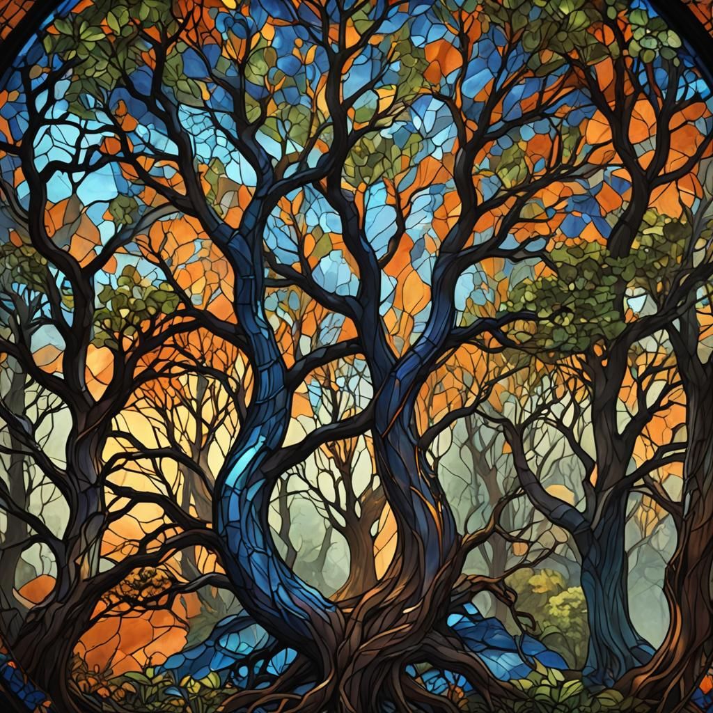 Giger Style Stained Glass Landscape in Orange and Blue