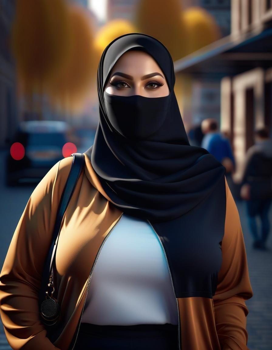 European Girl with Hijab in Cityscape: Digital Art