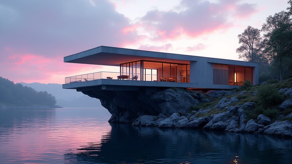 Modern Architectural House on Serene Lake's Edge