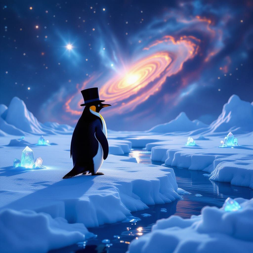 Dapper Penguin Gazes at Nebula from Giant Ice Floe