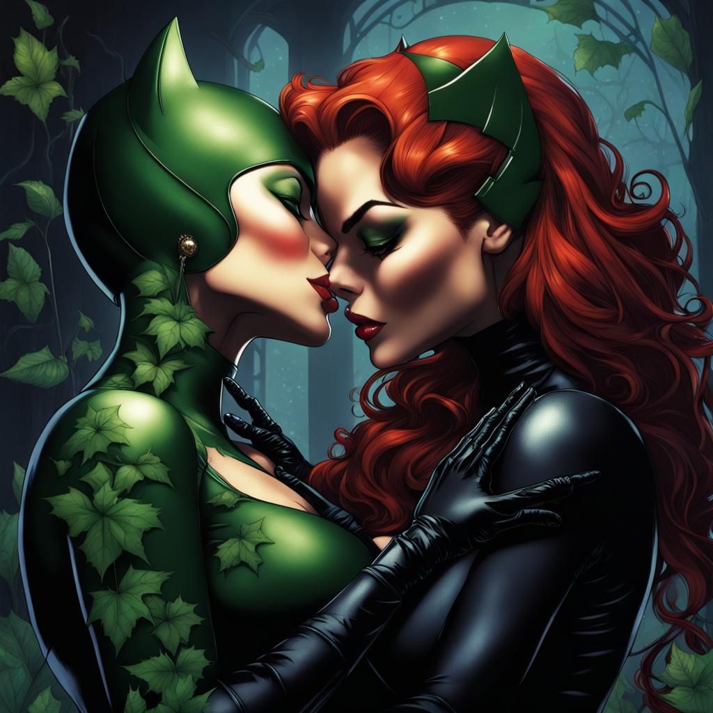 Poison Ivy and Catwoman kiss and caress each other, affectionately, loving embrace,