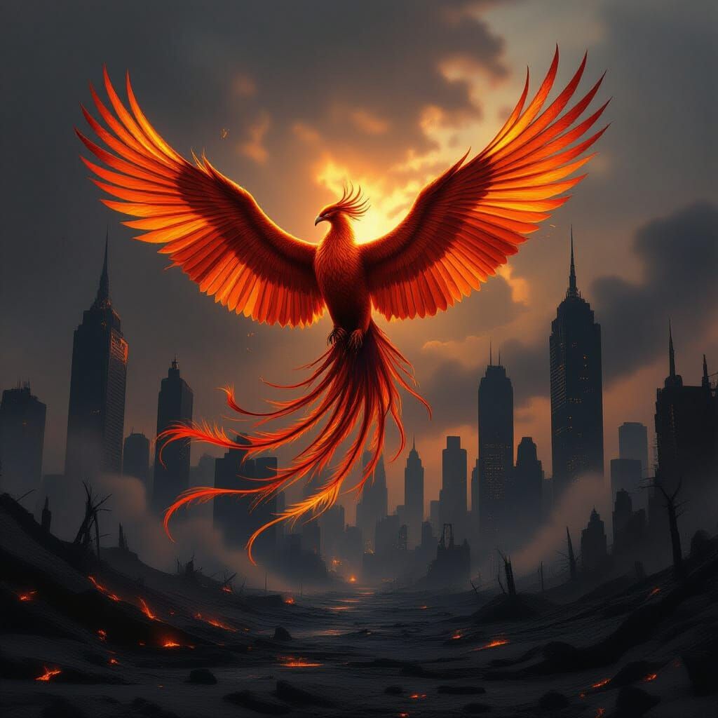 Phoenix of Molten Gold Soars Over Ash-Choked Cityscape