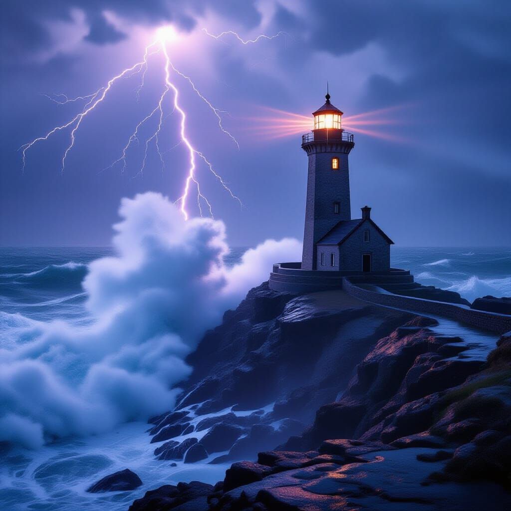 Storm Waves Crash Against Lighthouse in Hyperrealistic Rende...