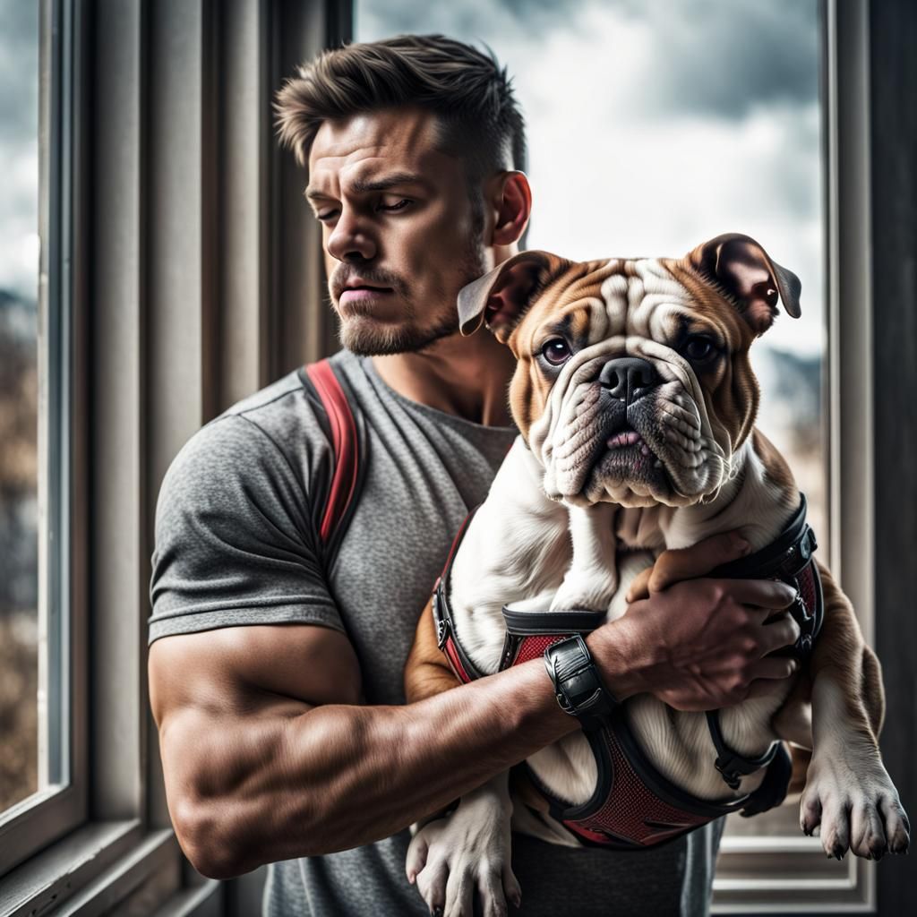 Athletic Man with Bulldog Gazing out Window