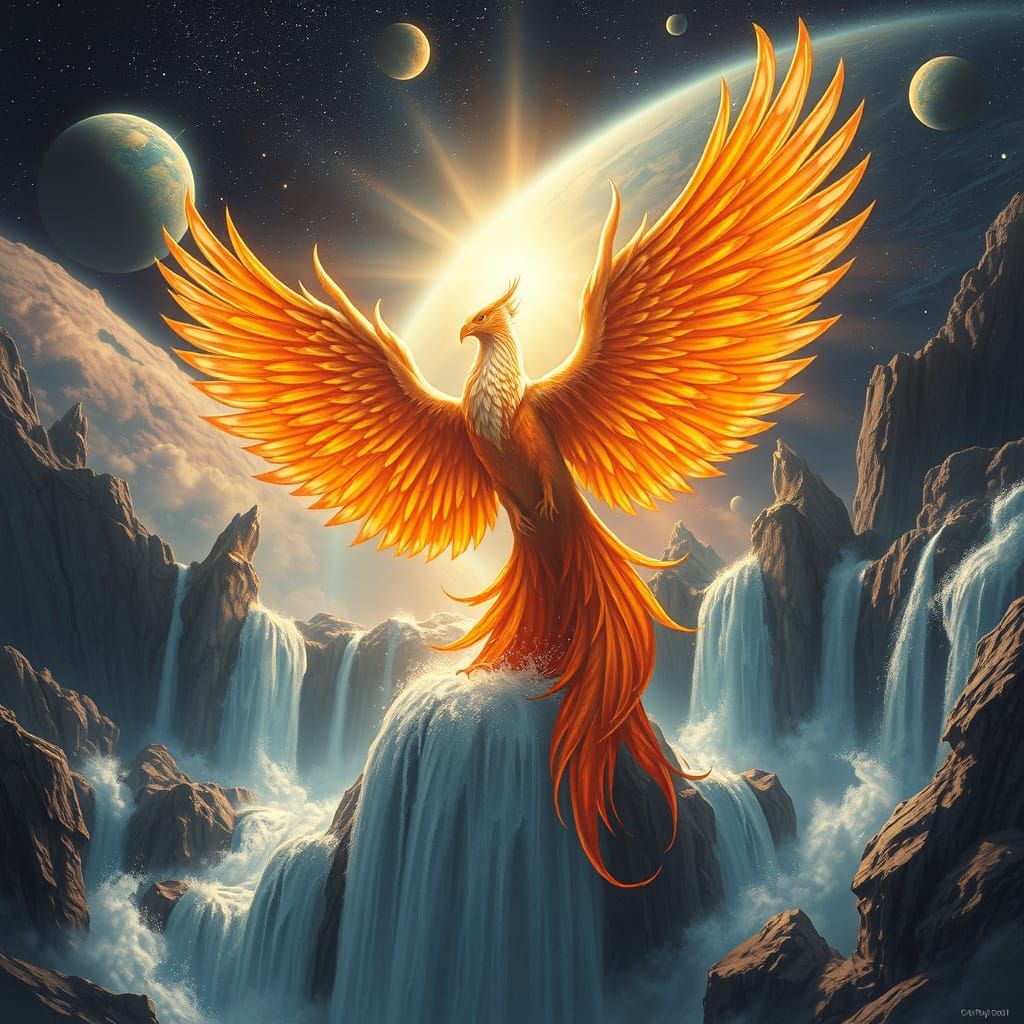 Cosmic Phoenix Rising from Waterfall in Detailed Matte Paint...