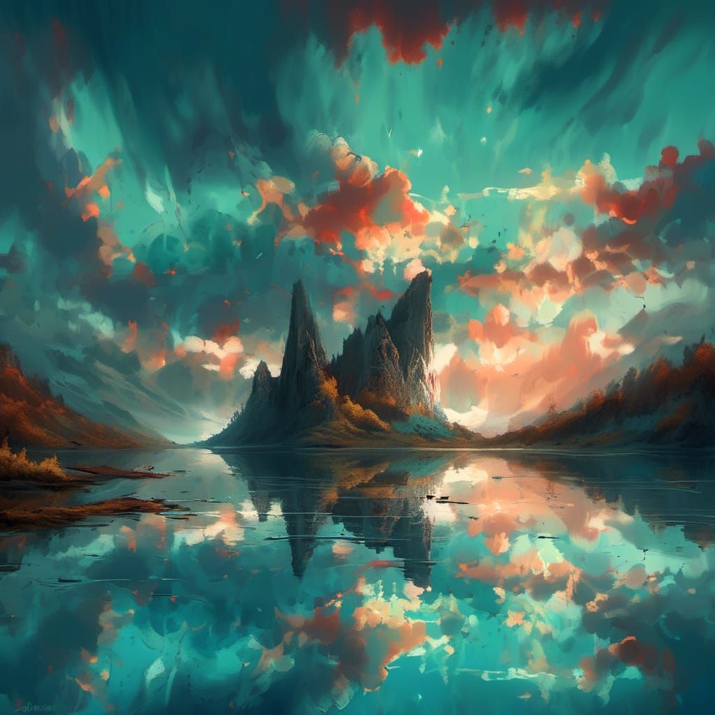 Turquoise Sunset Reflection on Lake with Sailboat