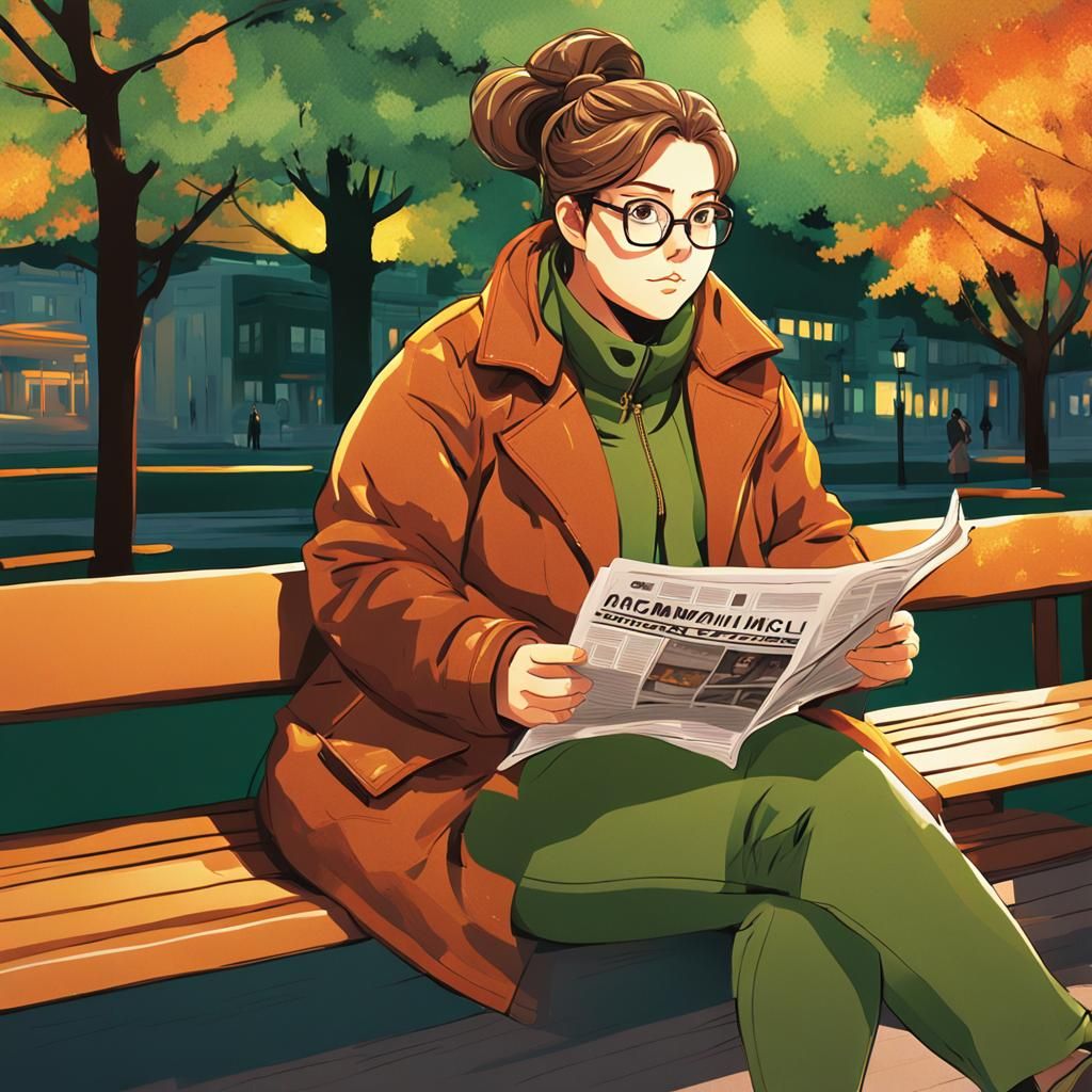 Anime Woman Reading Newspaper in Manga Style