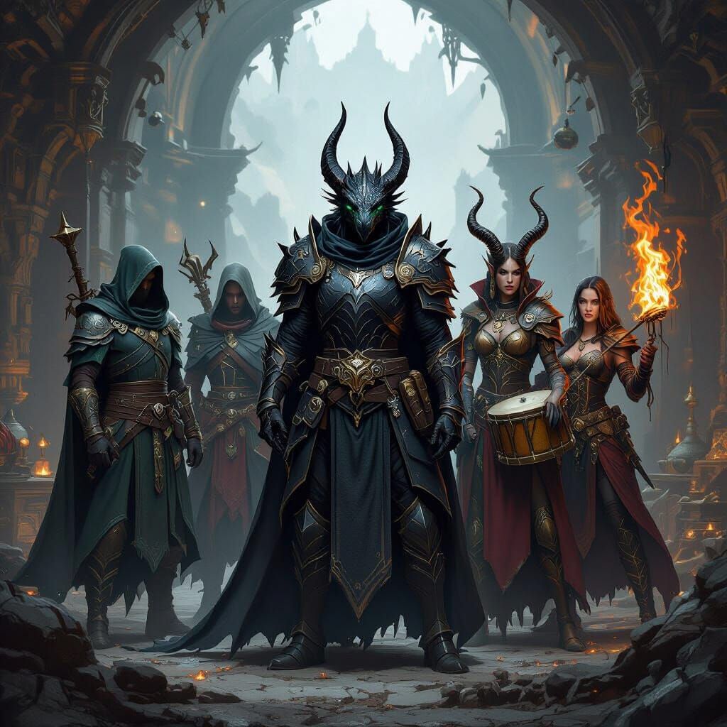 Epic D&D Party in Dragon's Lair, Dark Fantasy Style